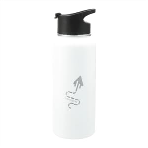 A drink bottle kit featuring a white vacuum bottle with a black lid and a logo. Ideal for keeping beverages hot or cold.