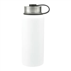 A drink bottle in white with a stainless steel lid and a black handle, part of a 3-in-1 vacuum bottle kit.