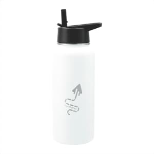 A drink bottle with a sleek white design, featuring a black lid and a logo. It holds 950ml of liquid.