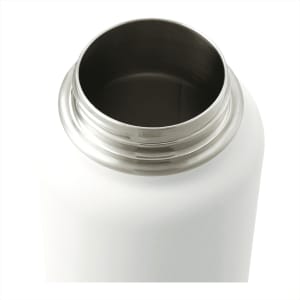 A drink bottle with a stainless steel rim and a matte white finish, part of the Trekk Highland 3-In-1 Copper Vacuum Bottle Kit.