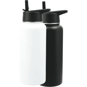 A drink bottle kit featuring a white and a black 950ml vacuum bottle with lids and a logo.
