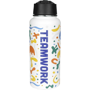 A drink bottle featuring a white body with colourful abstract designs and the word "TEAMWORK" prominently displayed.