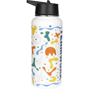 A drink bottle featuring a colourful abstract design with a black lid, made from copper and holding 950ml.
