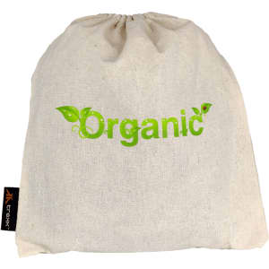 A natural fabric drawstring bag in cream colour featuring the word "Organic" in green lettering with leaf designs.