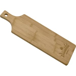 A bamboo serving board with a handle, featuring a logo. The board has a smooth, natural wood finish.