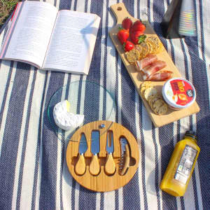 A wooden serving board with assorted snacks, including strawberries, crackers, and dips, on a striped blanket.