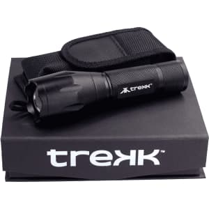 A black torch with a textured grip, nestled in a box with a logo, accompanied by a fabric case.