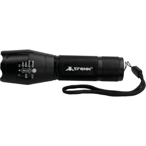 A black torch with a textured grip, featuring a wrist strap and a logo. It emits 300 lumens of light.