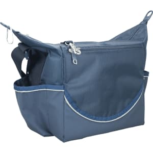 A navy cooler bag with a zippered compartment, adjustable straps, and a logo, designed for outdoor use.