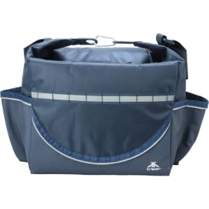A grey cooler bag with a flap, featuring side pockets and a logo. It has a sturdy handle and adjustable strap.