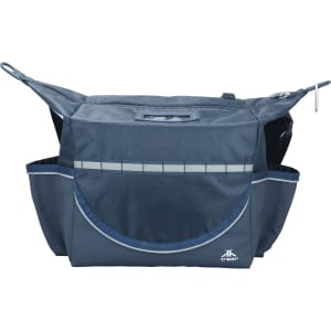 A navy cooler bag with multiple pockets and a central compartment, featuring a logo on the front.