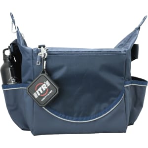 A navy cooler bag with multiple compartments, featuring a drink bottle and a logo. Ideal for carrying food and beverages.