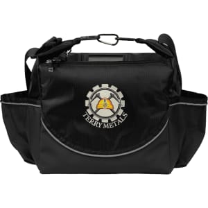 A black cooler bag with multiple compartments and a logo on the front. It features adjustable straps for carrying.
