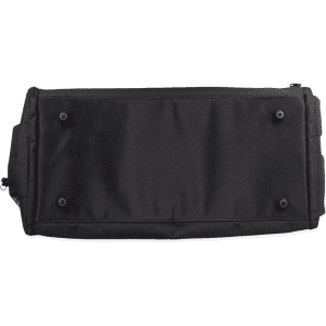 A black duffle bag with a textured surface, featuring a zip closure and a logo.