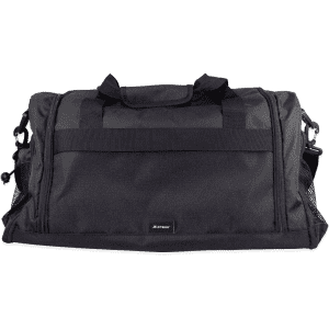 A black duffle bag with mesh pockets and dual handles, featuring a shoulder strap and branding.
