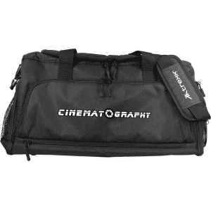 A black duffle bag with a branded logo and multiple zippered compartments.