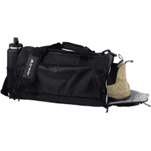 A black duffle bag with a drink bottle, footwear, and a spacious interior compartment. Features a logo.