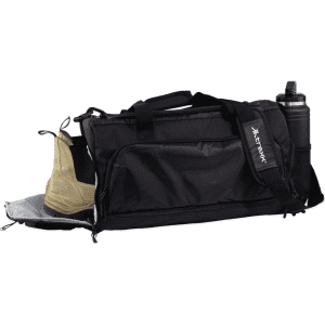 A black duffle bag with a side compartment for shoes and a drink bottle holder.