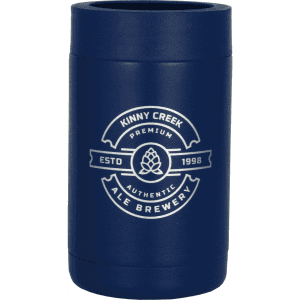 A drink bottle holder in navy blue with a circular logo featuring a hop design and text details.