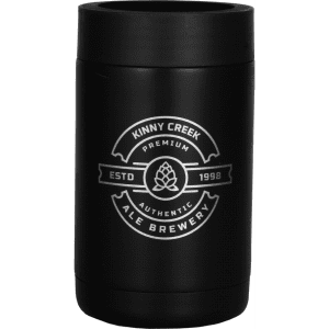 A black stubby holder featuring a logo, designed for keeping drinks insulated.