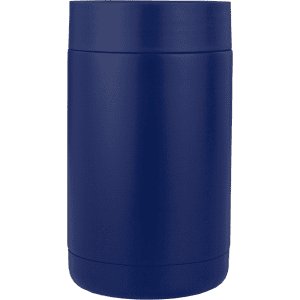 A navy blue drink holder with a sleek, smooth finish, featuring a branding logo.