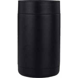 A drink bottle holder in matte black with a sleek design and a branding logo. Ideal for keeping drinks cool.