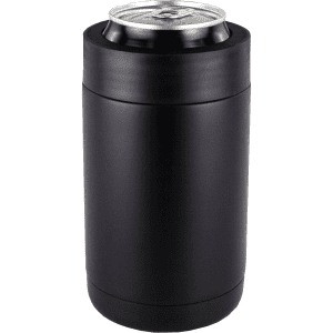 A drink bottle holder in matte black, designed for standard cans, featuring a cylindrical shape and a logo.