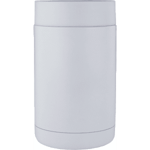A drink bottle holder in white, designed to keep beverages cold, featuring a simple cylindrical shape and a logo.
