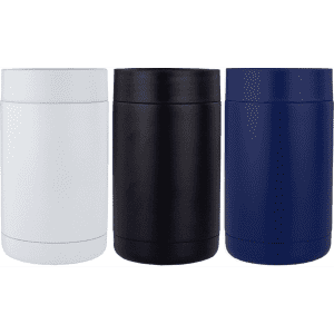 A drink bottle holder set featuring three can holders in white, black, and navy blue, each with a smooth exterior.