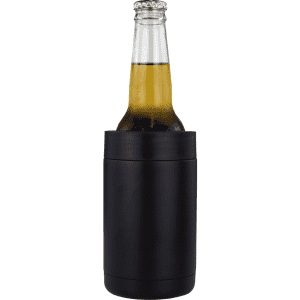 A drink bottle holder in black, designed to keep beverages cold, featuring a stainless steel bottle inside.