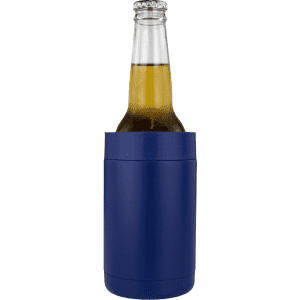 A drink bottle holder in navy blue, designed to keep beverages cold, featuring a logo.