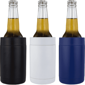 Three cylindrical can holders in black, white, and navy blue, each holding a glass bottle. Each holder has a simple design and a logo.