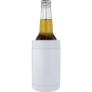 A drink bottle in a white stubby holder, designed to keep beverages cold. The holder features a logo.
