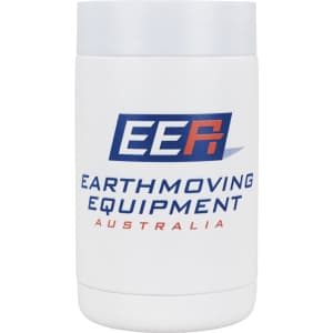A drink holder in white, featuring a logo, designed to keep beverages cool.
