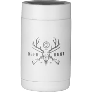 A drink holder in white with a logo featuring an antlered skull and crossed rifles.