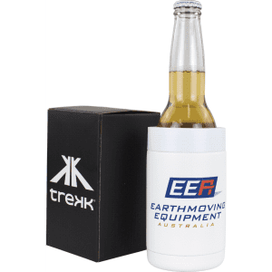 A drink bottle positioned in a white stubby holder, alongside a black box featuring a logo.