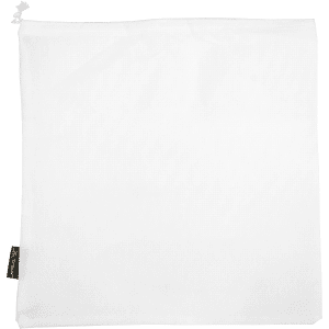 A white drawstring bag with a textured surface and a small logo tag, suitable for storage or carrying items.