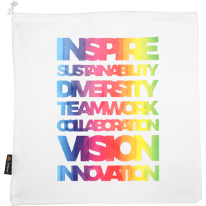 A white drawstring bag features a multicoloured text design with words related to inspiration, sustainability, and collaboration.
