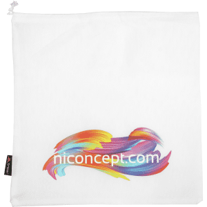 A white drawstring bag featuring a vibrant, multicoloured swirl design and a branding tag.