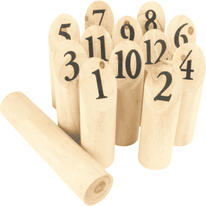 A set of wooden skittles numbered 1 to 12, with one larger wooden throwing pin beside them.