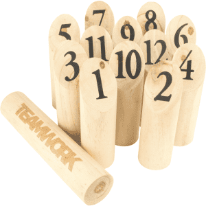 A set of wooden skittles numbered 1 to 12, with a wooden bat labelled "TEAMWORK", all in a natural finish.
