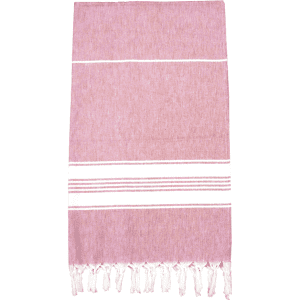 A pink and white Turkish towel with fringed edges and a subtle striped pattern, featuring a logo.