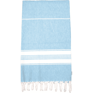 A light blue cotton Turkish towel with white stripes and fringed edges, featuring a logo.