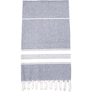 A 100% cotton Turkish towel in grey and white with tasselled edges, suitable for beach use.