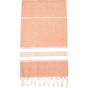 A soft, orange and white striped Turkish towel with fringed edges, featuring a subtle texture.