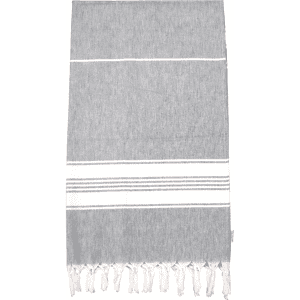 A grey and white 100% cotton Turkish towel with fringed edges and a simple striped pattern.