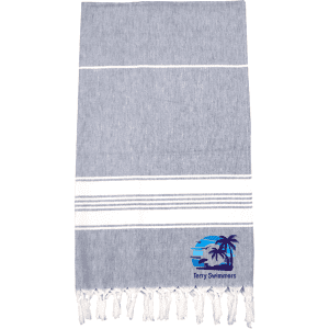 A 100% cotton Turkish towel in grey with white stripes and tassels, featuring a logo.