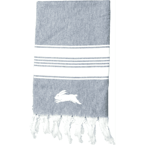 A 100% cotton Turkish towel in grey with white stripes and fringed edges, featuring a rabbit logo.