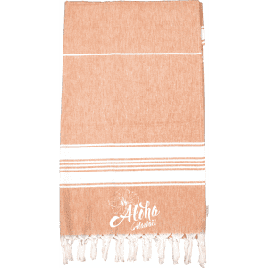 A 100% cotton Turkish towel in a warm orange hue with white stripes and frayed edges, featuring a logo.