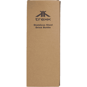 A drink bottle in a cardboard packaging, featuring stainless steel material with a logo on it.